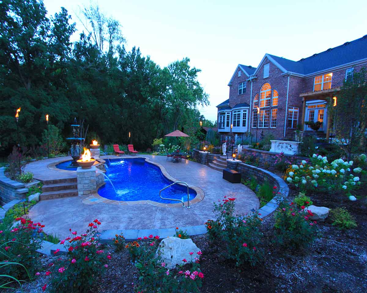 Copano Pools and Spas aerial view of a complete backyard pool project