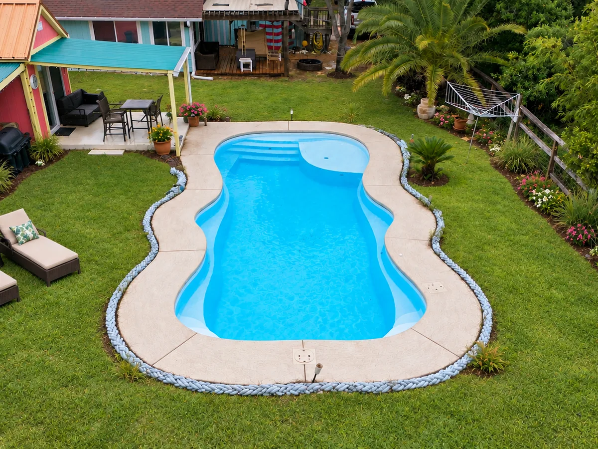 Barrier Reef Coral Sea Lounger fiberglass pool with a tanning ledge and curved concrete decking installed by Copano Pools & Spas.